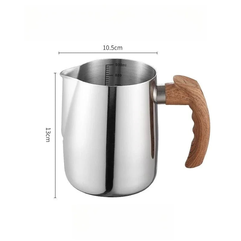 Coffee Milk Frothing Pitcher Stainless Steel with Scale Wooden Handle Eagle Spout Latte Coffee Kitchen Cafe Accessories