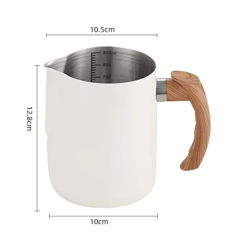 Coffee Milk Frothing Pitcher Stainless Steel with Scale Wooden Handle Eagle Spout Latte Coffee Kitchen Cafe Accessories