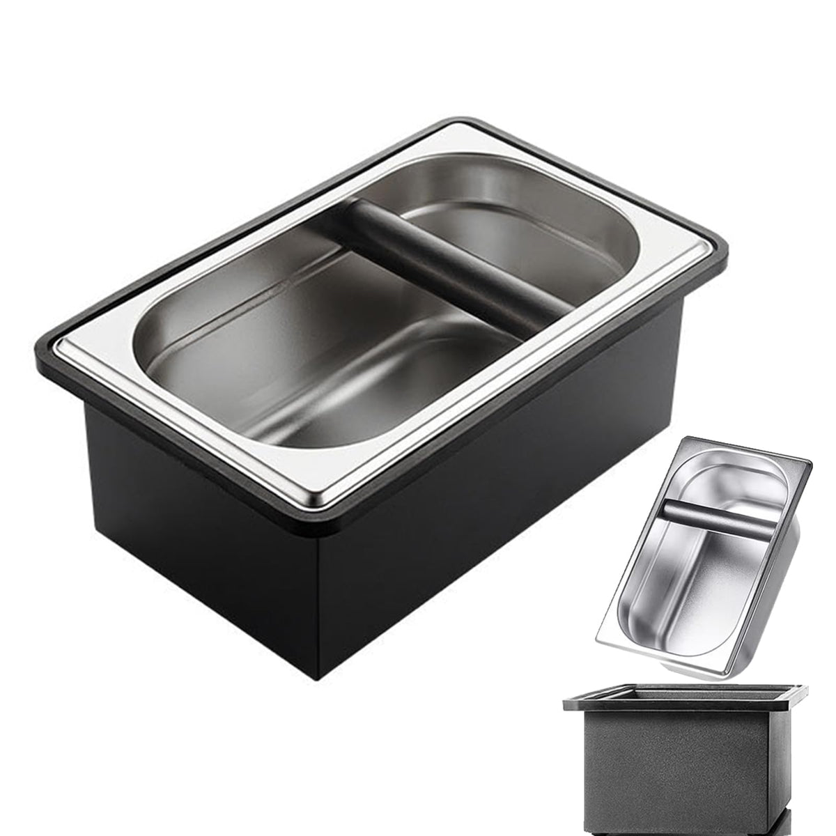 Gocoffun Espresso Coffee Knock Box, Large Size Stainless Steel Coffee Pucks Container, with Noise Reduction Rubber Ring,Silicone Bar for Knocking