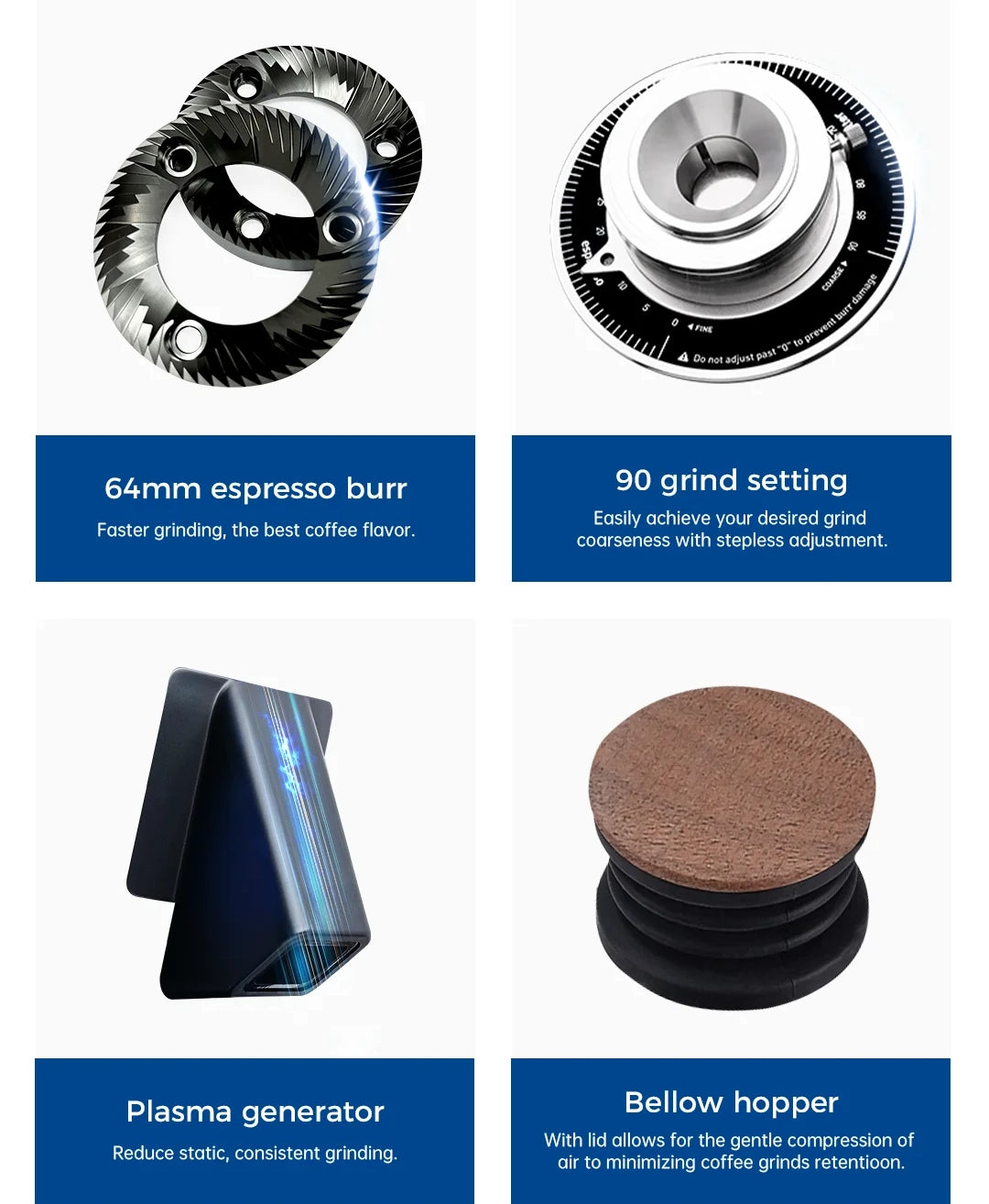 DF64 grinder features 64mm flat espresso burr, 90 grind settings, plasma generator, and bellow hopper.