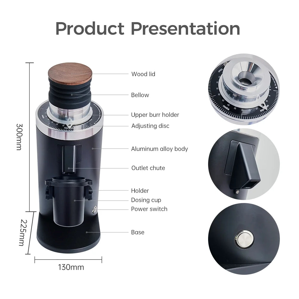 DF64 Gen 2 coffee grinder with labeled parts, dimensions, close-ups of grind dial, outlet chute, and power switch.
