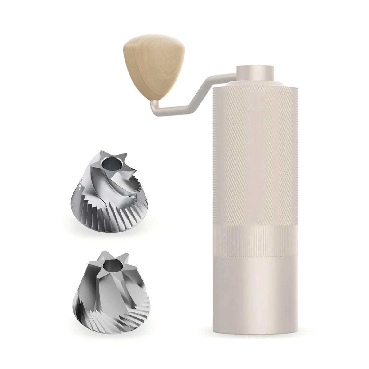 MAVO Wizard 2.0 in silver with both burrs, the Versatile and Espresso burr set