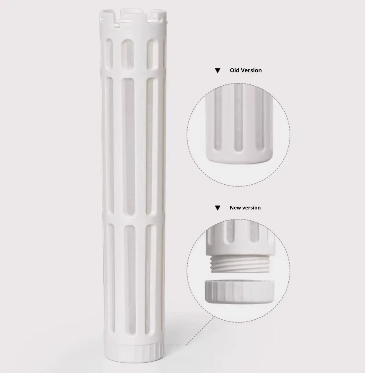 TIMEMORE Icicle Cold Brewer filter tube comparison: old version with a fixed bottom versus new version with a screw-off detachable base