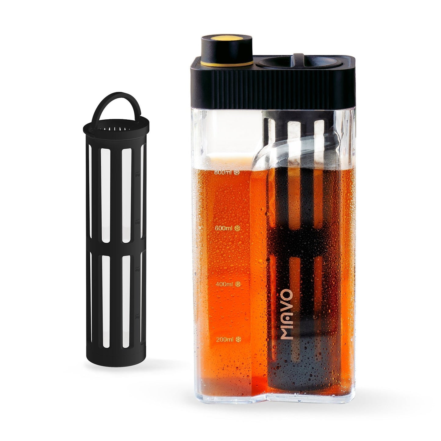 MAVO Crysbrick Cold Brewer in black, 800ml Tritan pitcher shown with its removable 350-mesh filter tube
