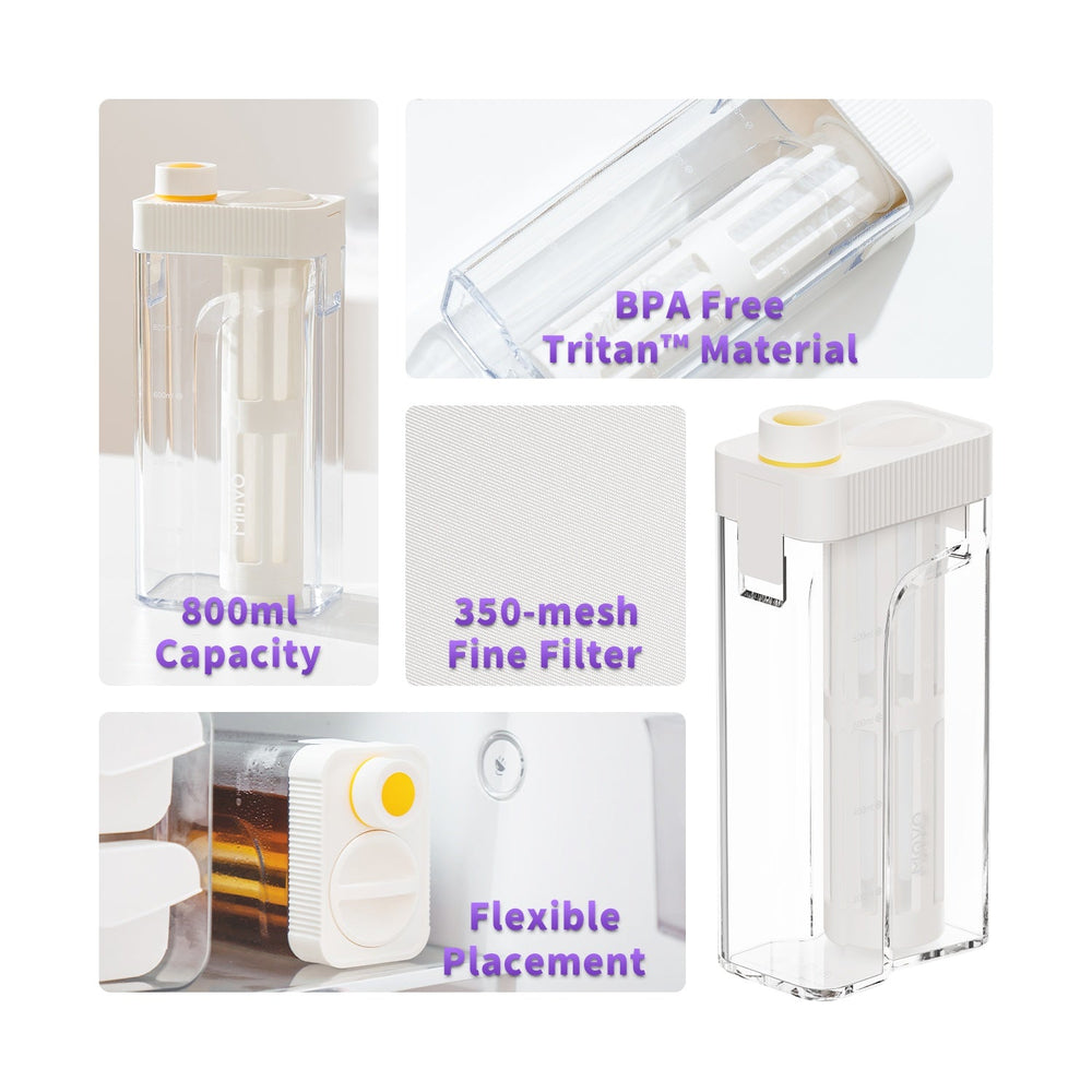 MAVO Crysbrick Cold Brewer white feature overview: 800ml capacity, BPA-free Tritan, 350-mesh fine filter, flexible fridge placement