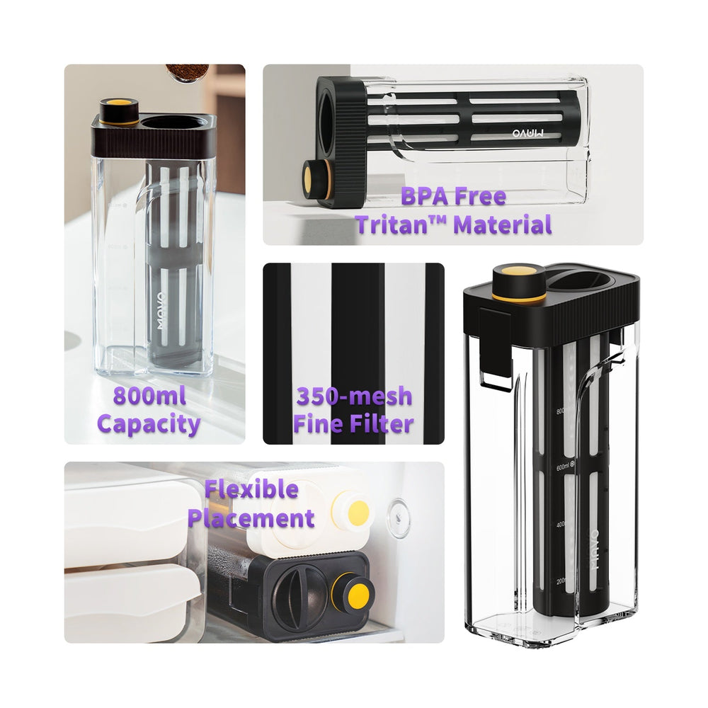 MAVO Crysbrick Cold Brewer black feature overview: 800ml capacity, BPA-free Tritan, 350-mesh fine filter, flexible fridge placement