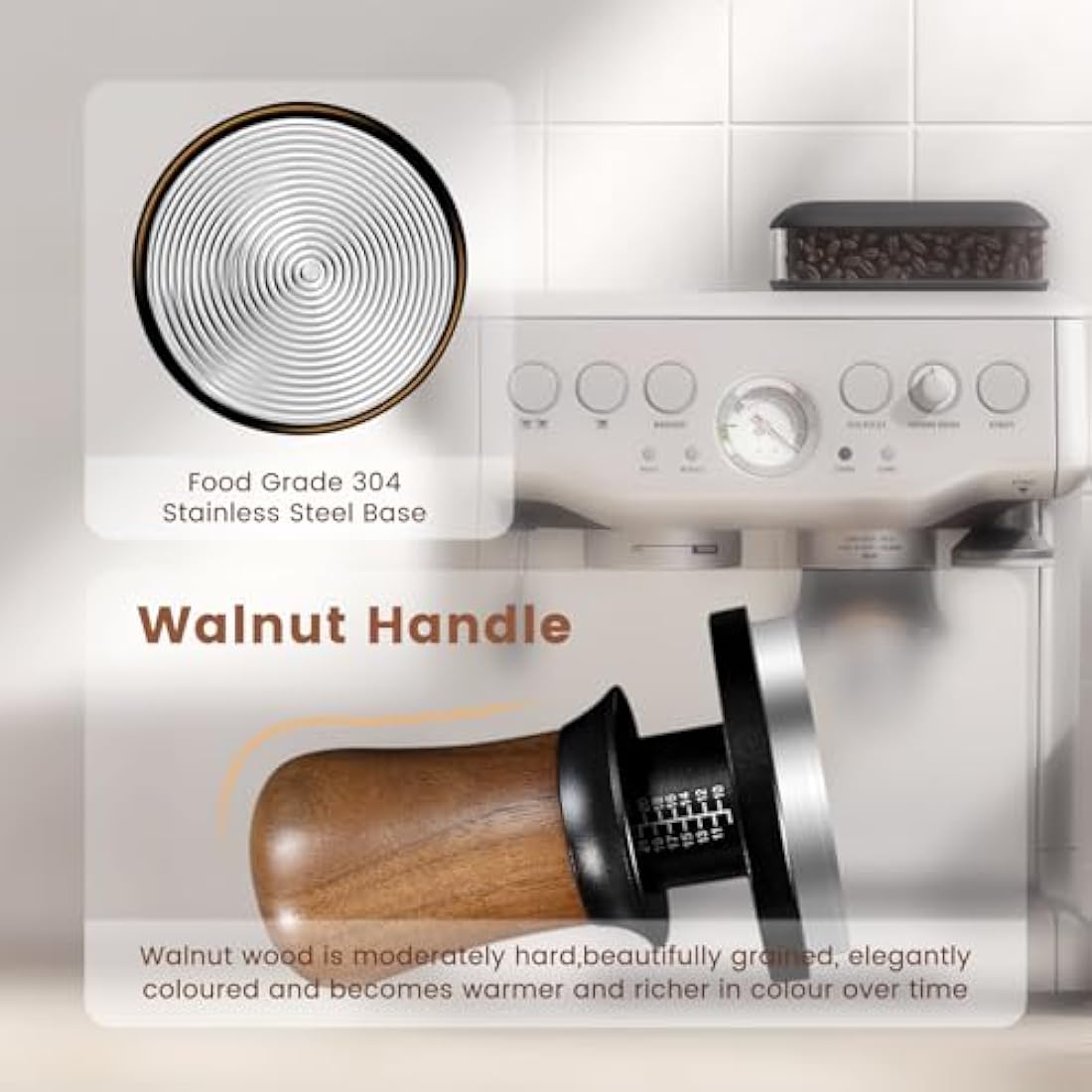 NOTSEK Coffee Tamper, 54mm Espresso Tamper with 30lbs Constant Pressure, Walnut Wood Calibrated Spring Loaded Tamper with Ripple Base for 54mm Portafilter