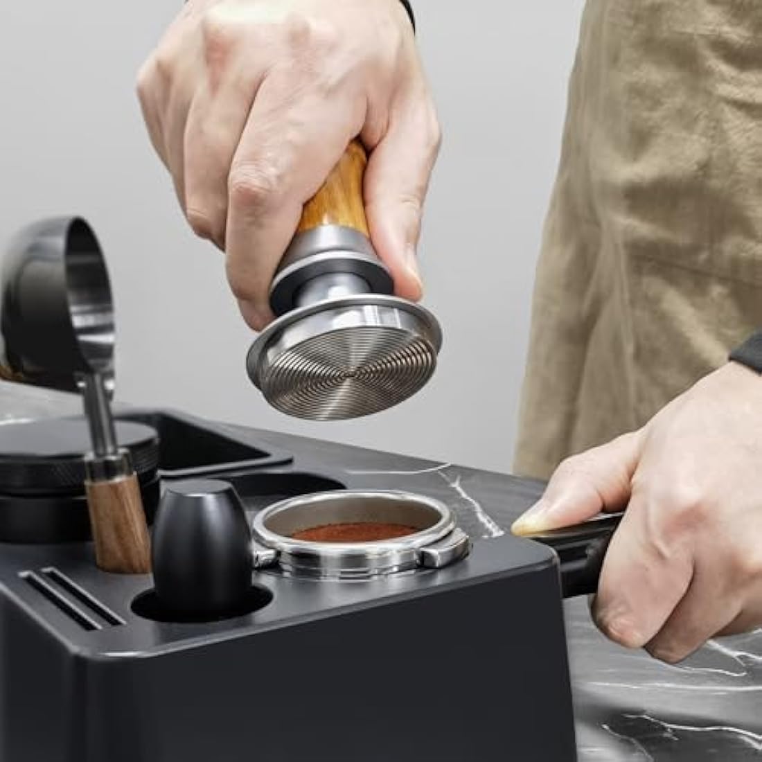 ceelatti 54mm Tamper, Spring Loaded Coffee Tamper 54mm, 30lbs Constant Pressure Calibrated Espresso Tamper for Breville Sage Barista Express Pro, Wood Handle, Stainless Steel Ripple Base, Silver