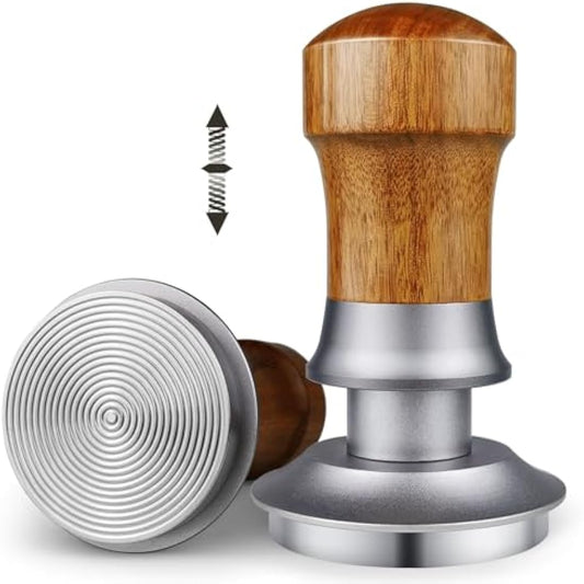 ceelatti 54mm Tamper, Spring Loaded Coffee Tamper 54mm, 30lbs Constant Pressure Calibrated Espresso Tamper for Breville Sage Barista Express Pro, Wood Handle, Stainless Steel Ripple Base, Silver