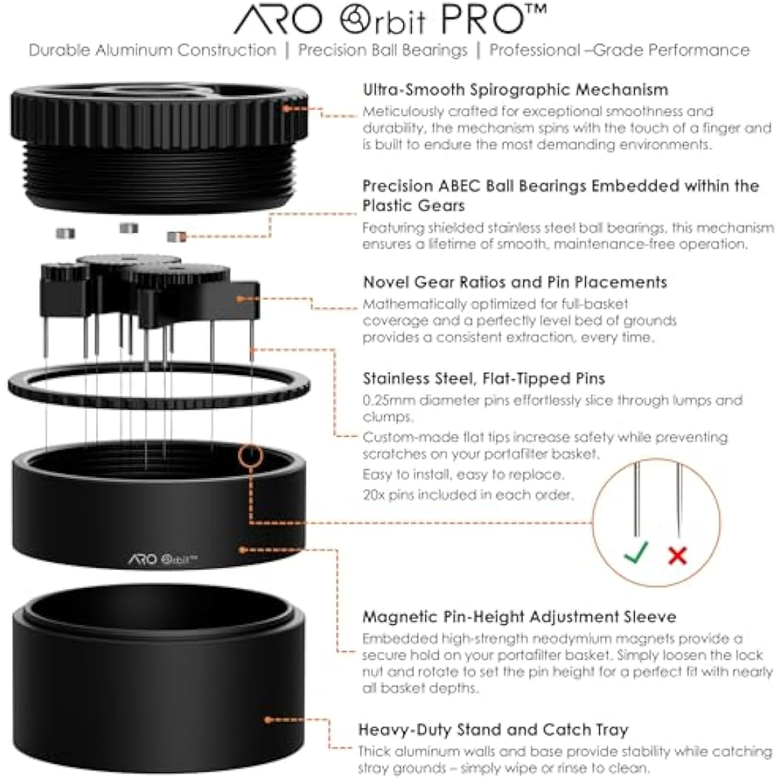ARO Orbit PRO™ | Aluminum Spirographic Espresso Distribution Tool | Geared WDT for Home Baristas and Professional Cafés (Black, 58mm)