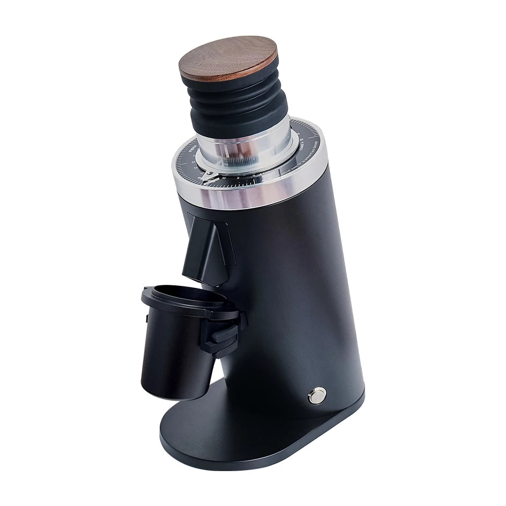 DF64 Gen 2 coffee grinder in matte black finish, wooden lid, and aluminum dosing cup, angled view.