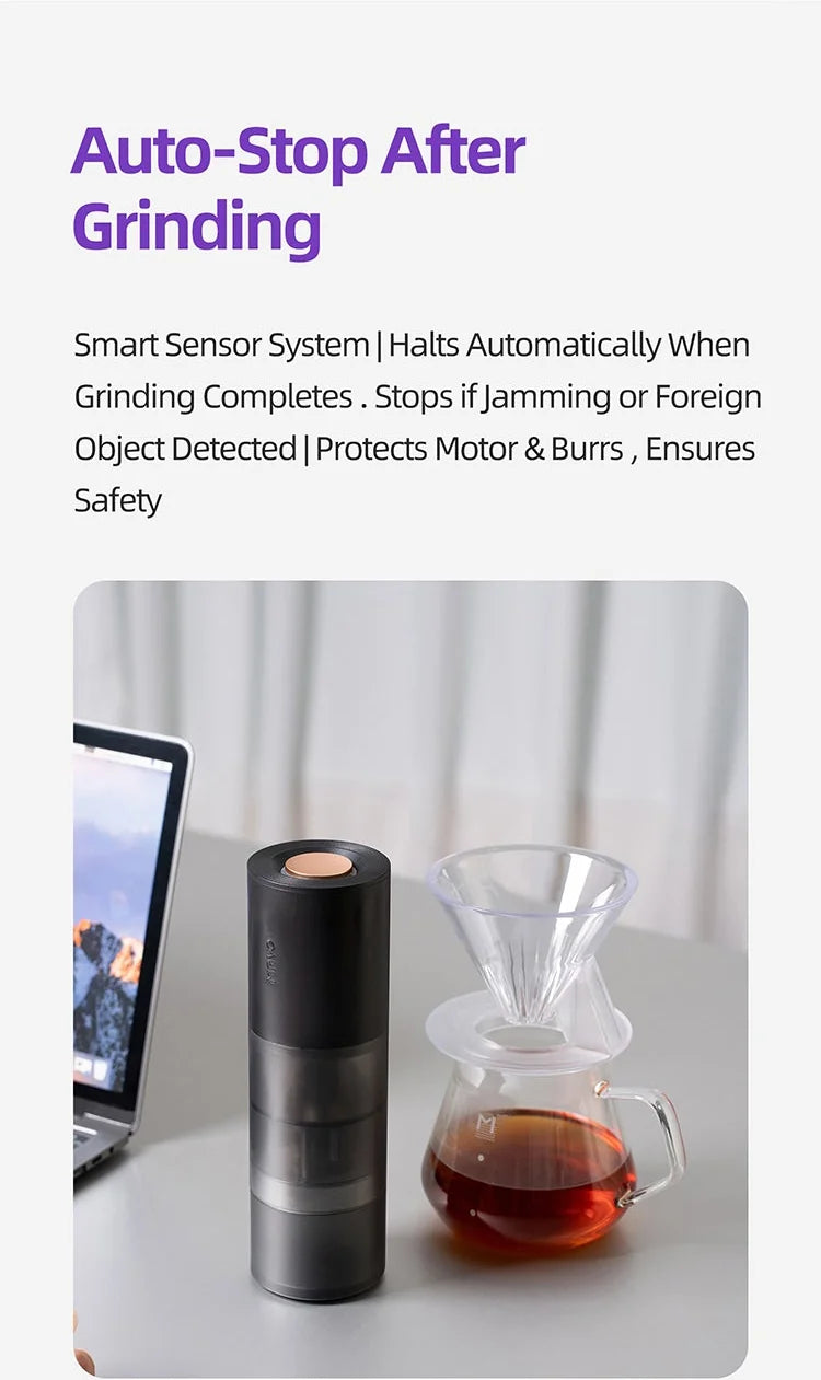 MAVO Aurora auto-stop: halts when grinding completes or on a jam, shown next to a pour-over brewer
