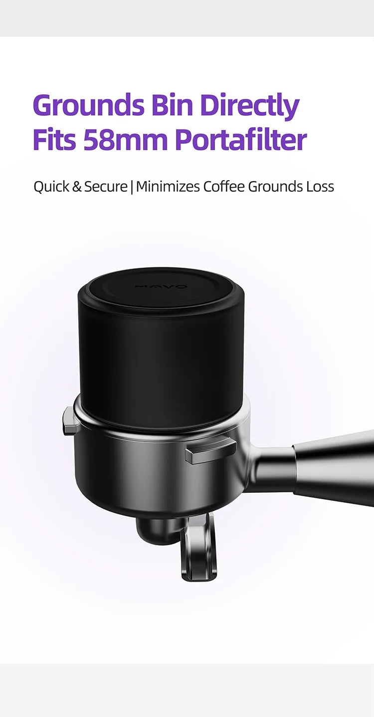 MAVO Aurora grounds bin sitting directly on a 58mm portafilter