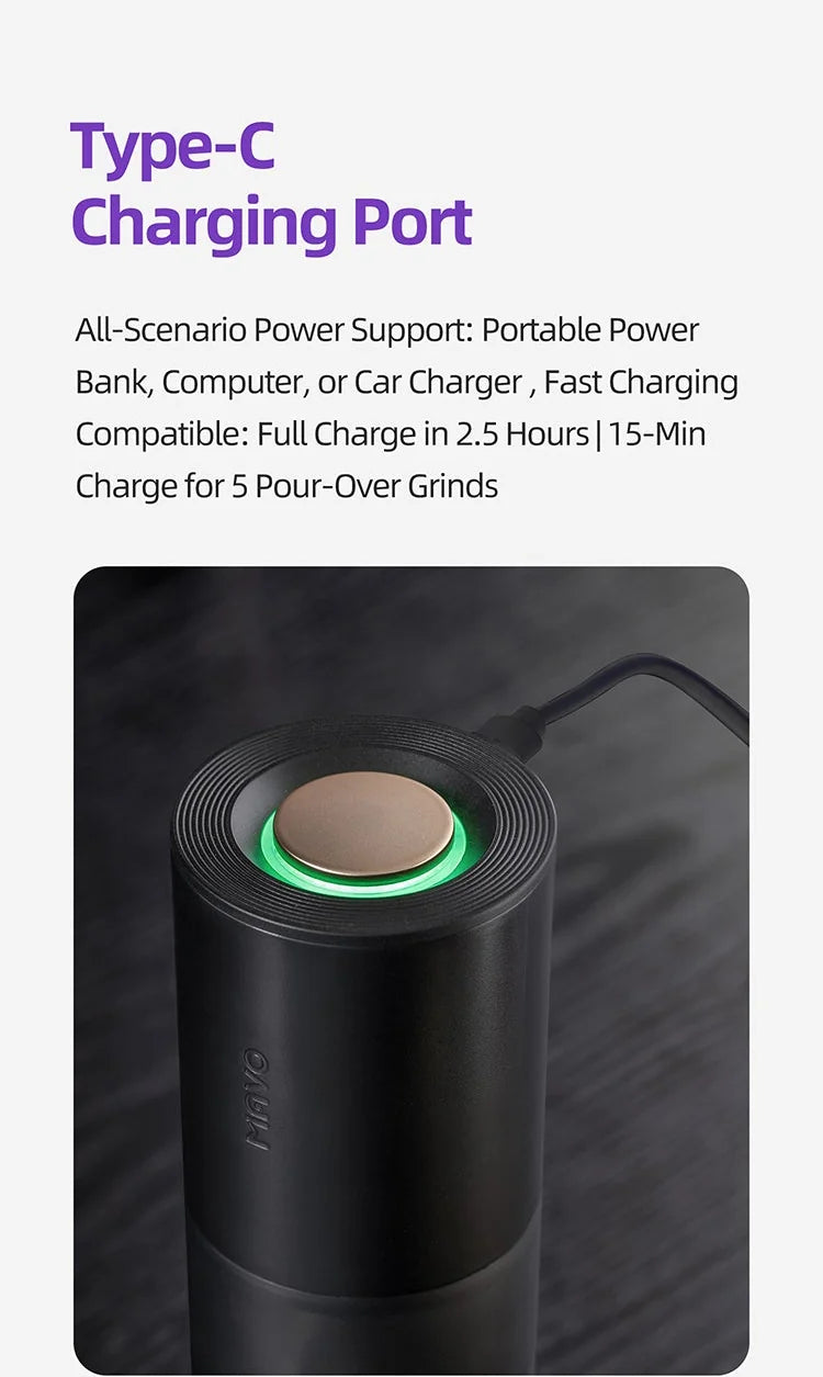MAVO Aurora USB-C charging port: charges from power bank, computer or car charger, full charge in 2.5 hours, 15 minutes for 5 pour-over grinds