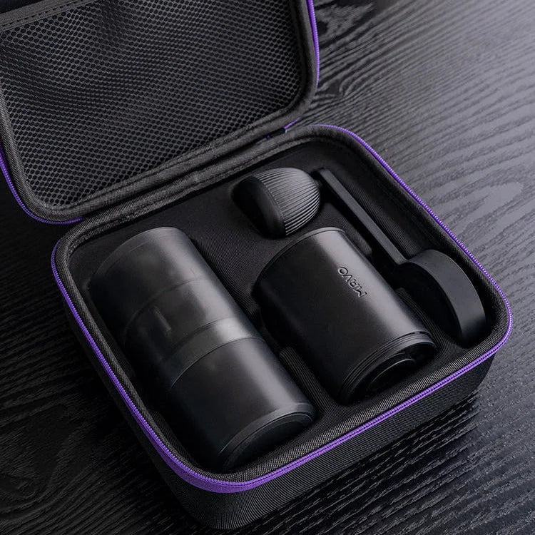 MAVO Aurora kit in its open hard carrying case: grinder, electric motor unit and manual crank handle