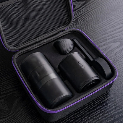 MAVO Aurora kit in its open hard carrying case: grinder, electric motor unit and manual crank handle