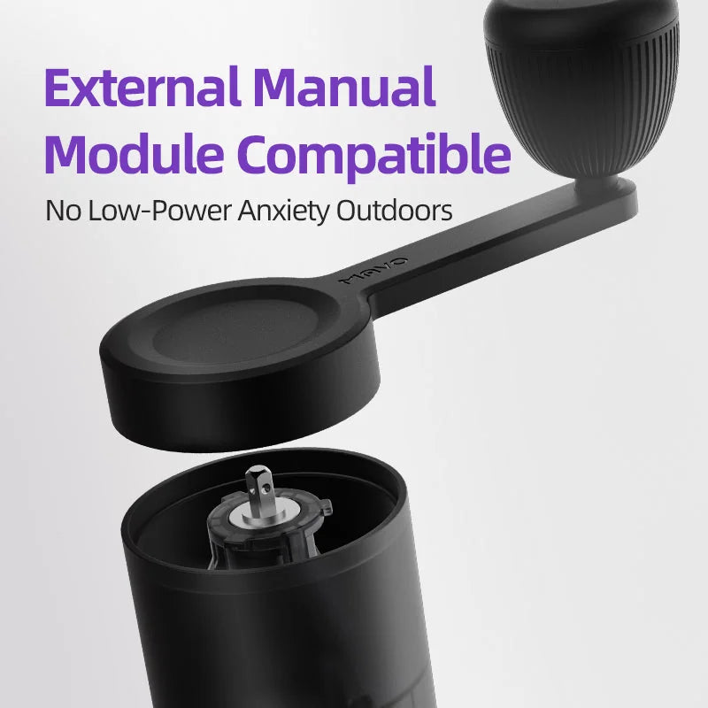 MAVO Aurora manual crank handle fitting onto the grinder body in place of the electric motor unit