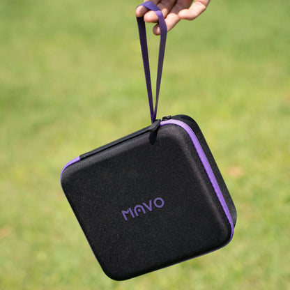 MAVO Aurora hard carrying case with purple zip and wrist strap, carried outdoors