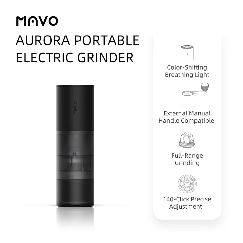 MAVO Aurora portable electric grinder overview: breathing light, manual handle compatible, full-range grinding, 140-click adjustment
