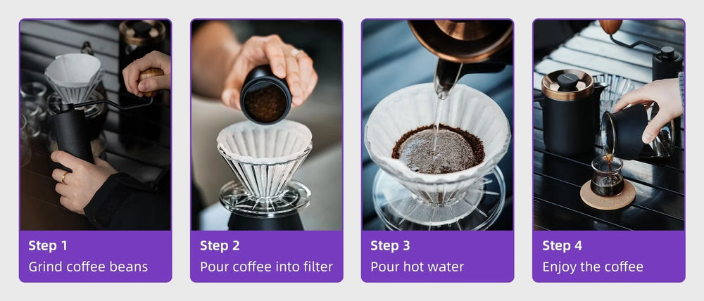 Four brewing steps with the GOGOBOX: grind the beans, pour the grounds into the filter, pour hot water, enjoy the coffee