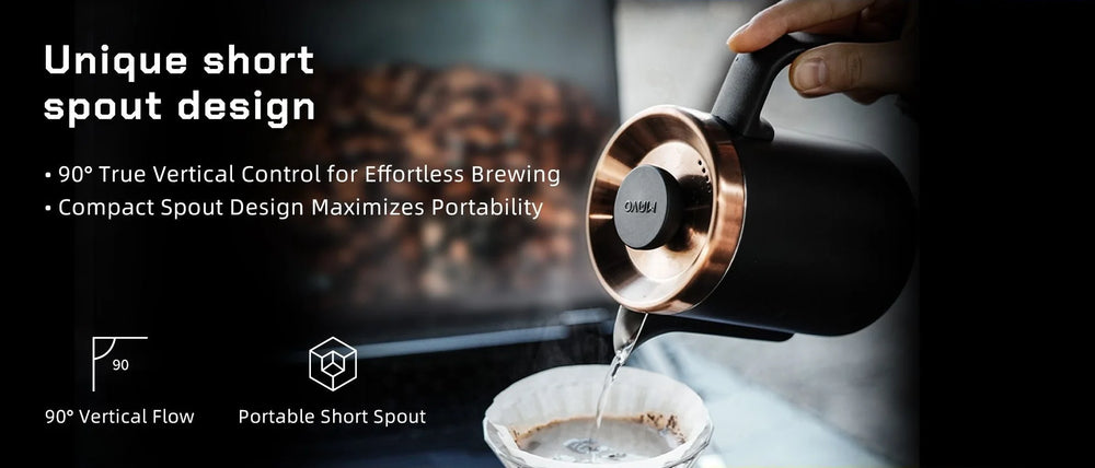 Unique short spout kettle design: 90 degree true vertical flow control, compact spout for portability