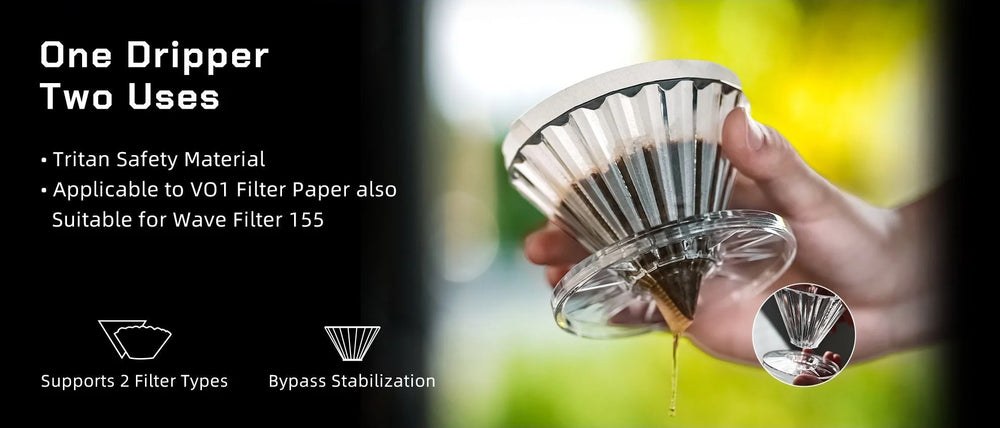 One dripper, two uses: clear Tritan dripper takes V01 filter paper and Wave 155 filters, with bypass stabilisation