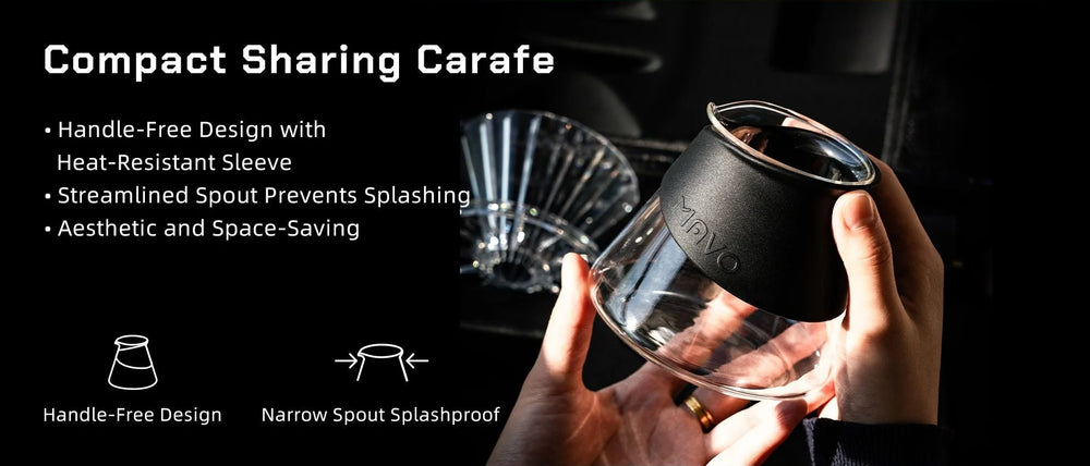 Compact sharing carafe: handle-free design with a heat-resistant sleeve, narrow streamlined spout against splashing, space-saving