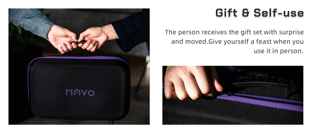 Gift and self-use: the black MAVO carry case with purple zip trim, handed over as a gift