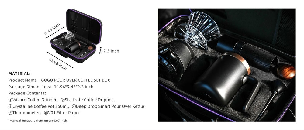 GOGO pour over coffee set box specifications: case 14.96 x 9.45 x 2.3 inches; contents Wizard grinder, Startrate dripper, Crystaline 350 ml coffee pot, Deep Drop smart pour over kettle, thermometer, V01 filter paper; the kit in its fitted case