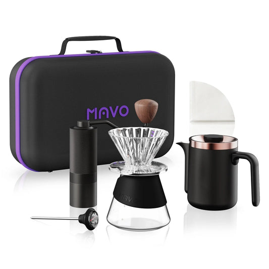 MAVO GOGOBOX camping coffee set: black carry case with purple trim, Wizard hand grinder, clear Tritan dripper on a glass coffee pot, short-spout kettle, thermometer and filter papers
