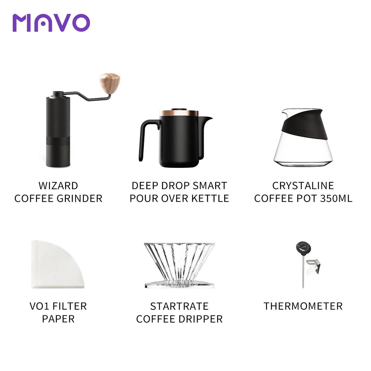 What's in the MAVO GOGOBOX, labelled: Wizard coffee grinder, Deep Drop smart pour over kettle, Crystaline 350 ml coffee pot, V01 filter paper, Startrate coffee dripper, thermometer