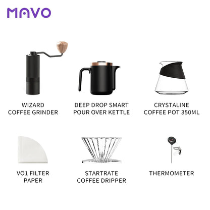 What's in the MAVO GOGOBOX, labelled: Wizard coffee grinder, Deep Drop smart pour over kettle, Crystaline 350 ml coffee pot, V01 filter paper, Startrate coffee dripper, thermometer