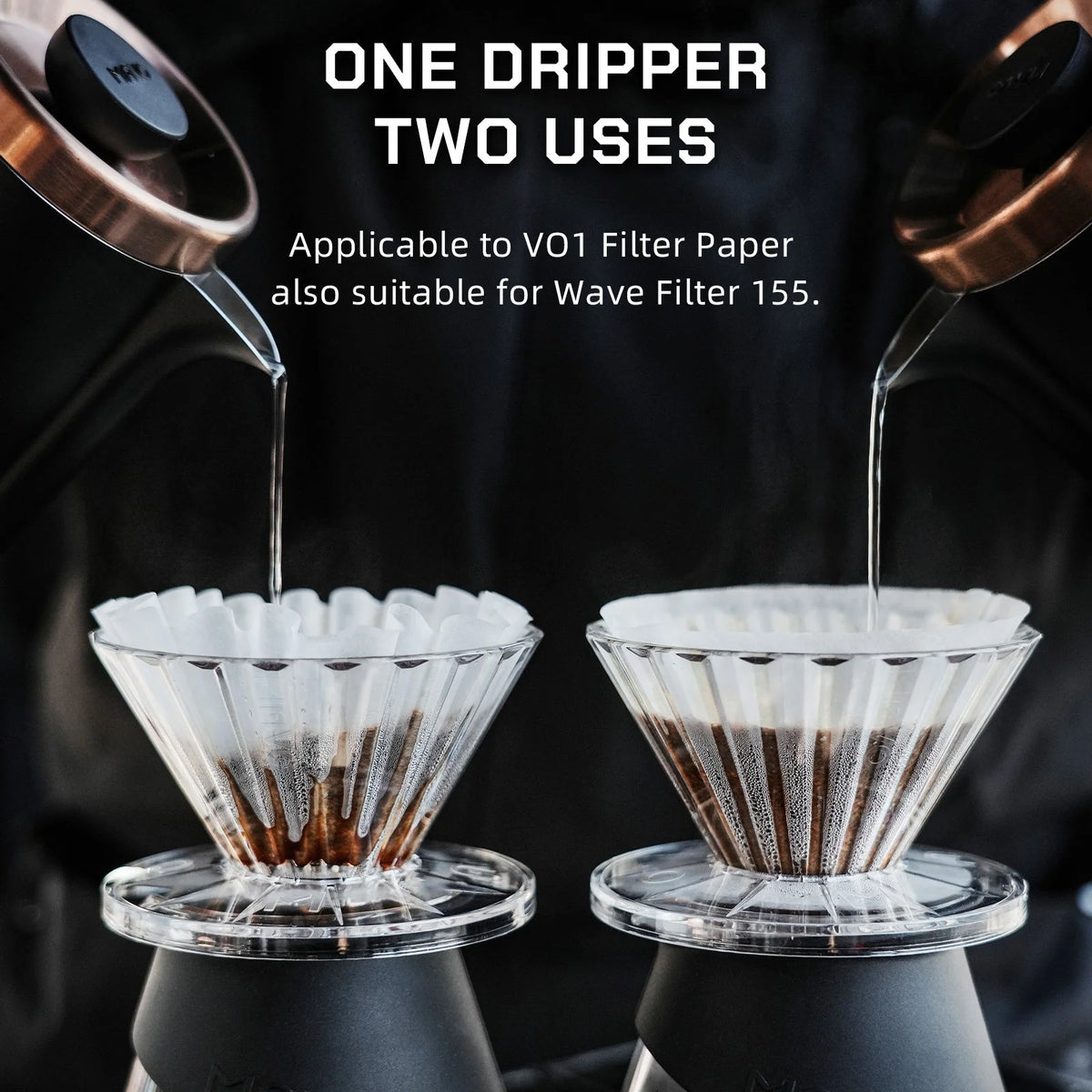 One dripper, two uses: the GOGOBOX clear Tritan dripper takes V01 filter paper and also Wave 155 filters