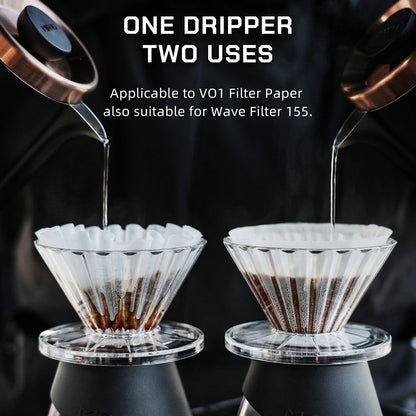 One dripper, two uses: the GOGOBOX clear Tritan dripper takes V01 filter paper and also Wave 155 filters