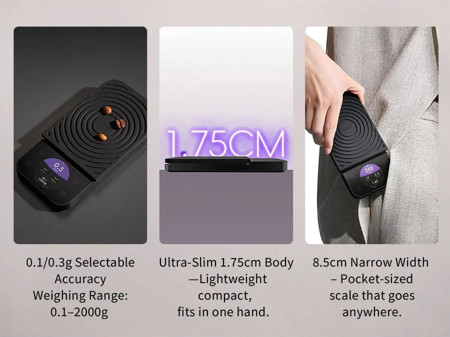 MAVO Lumicurve in three figures: 0.1/0.3g selectable accuracy over a 0.1–2000g range, an ultra-slim 1.75cm body and an 8.5cm narrow width