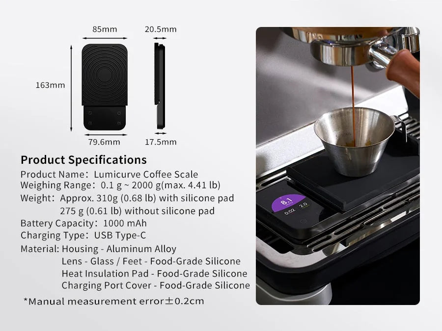 MAVO Lumicurve dimension drawing (163 × 79.6 × 17.5mm; 85mm wide and 20.5mm thick with pad) and product specifications, beside the scale under an espresso portafilter