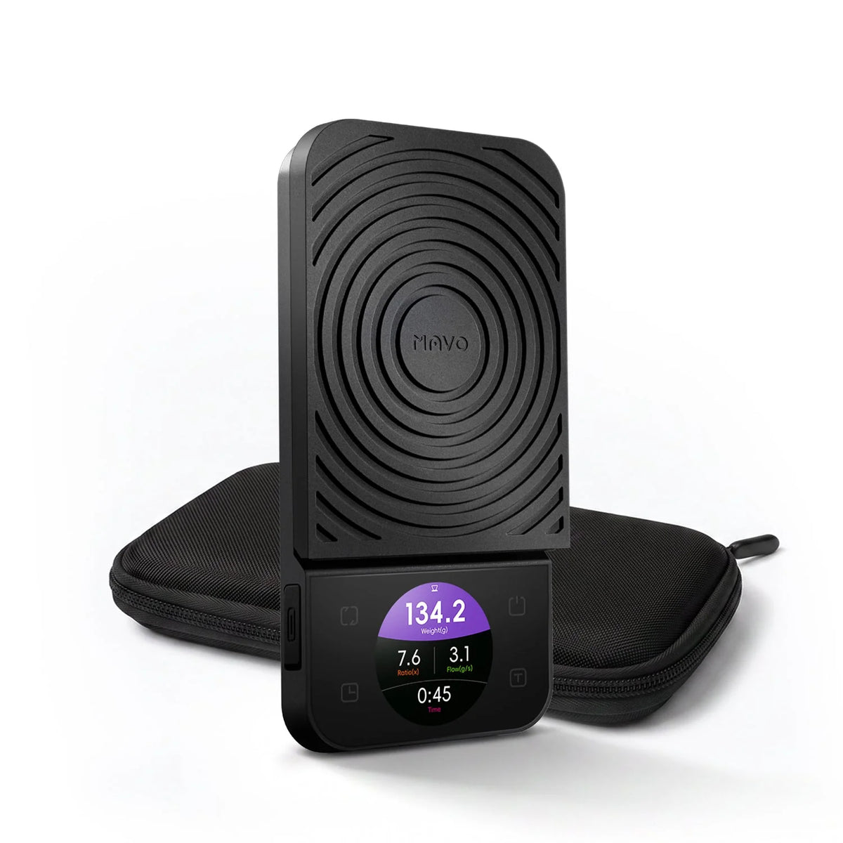 MAVO Lumicurve Coffee Scale in black, standing upright in front of its zip carrying case, colour screen showing weight, ratio, flow rate and time