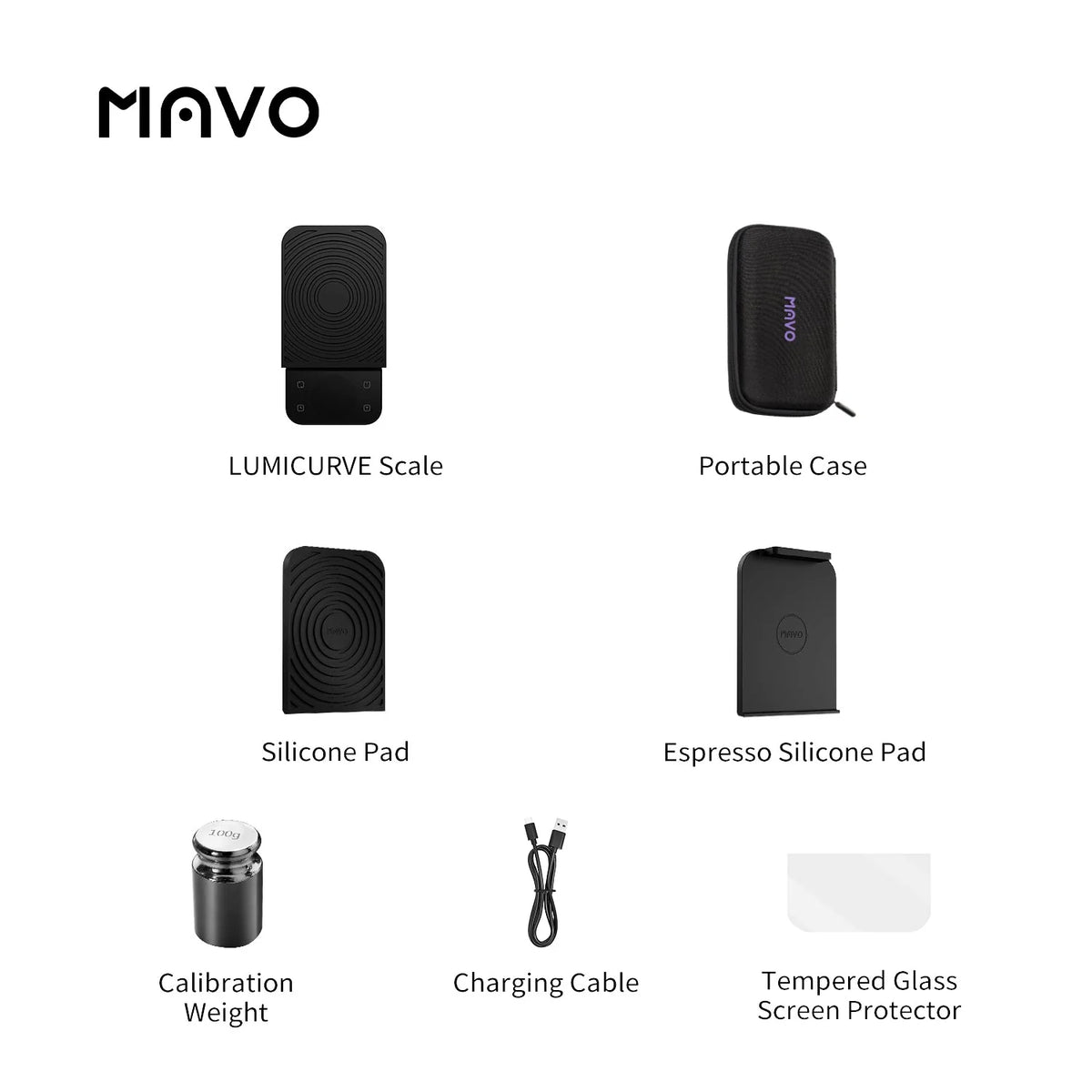What comes with the MAVO Lumicurve: scale, carrying case, pour-over silicone pad, espresso silicone pad, 100g calibration weight, USB-C cable and screen protector