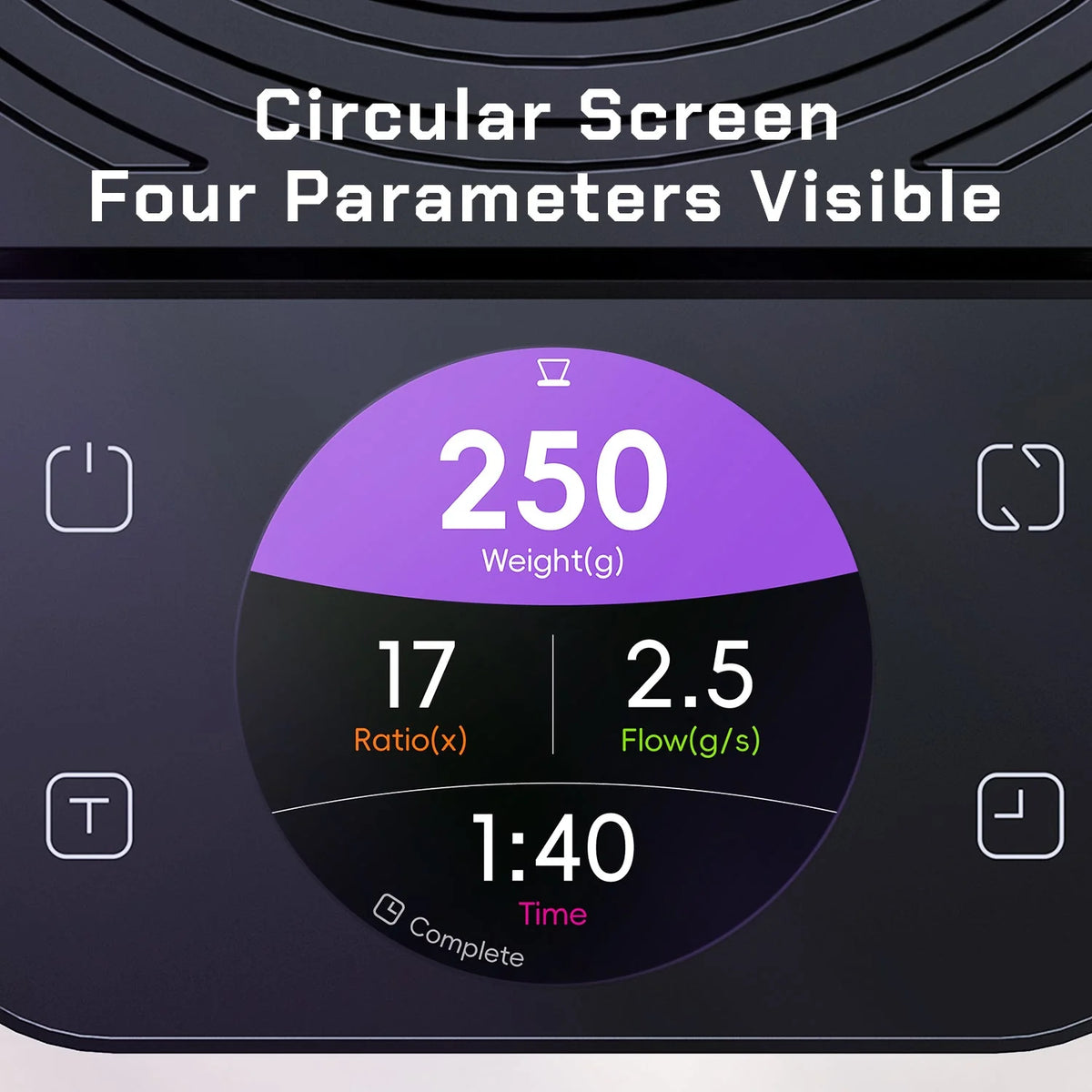 Close-up of the MAVO Lumicurve 1.46-inch round colour screen showing weight 250g, ratio 17, flow 2.5g/s and time 1:40