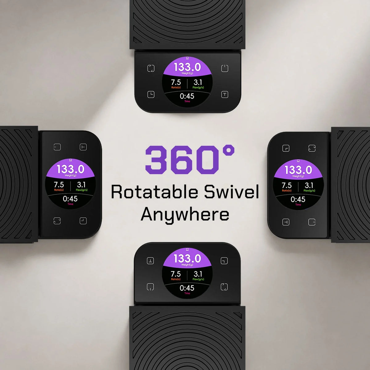 Four MAVO Lumicurve scales arranged in a cross, showing the display auto-rotating to face each direction