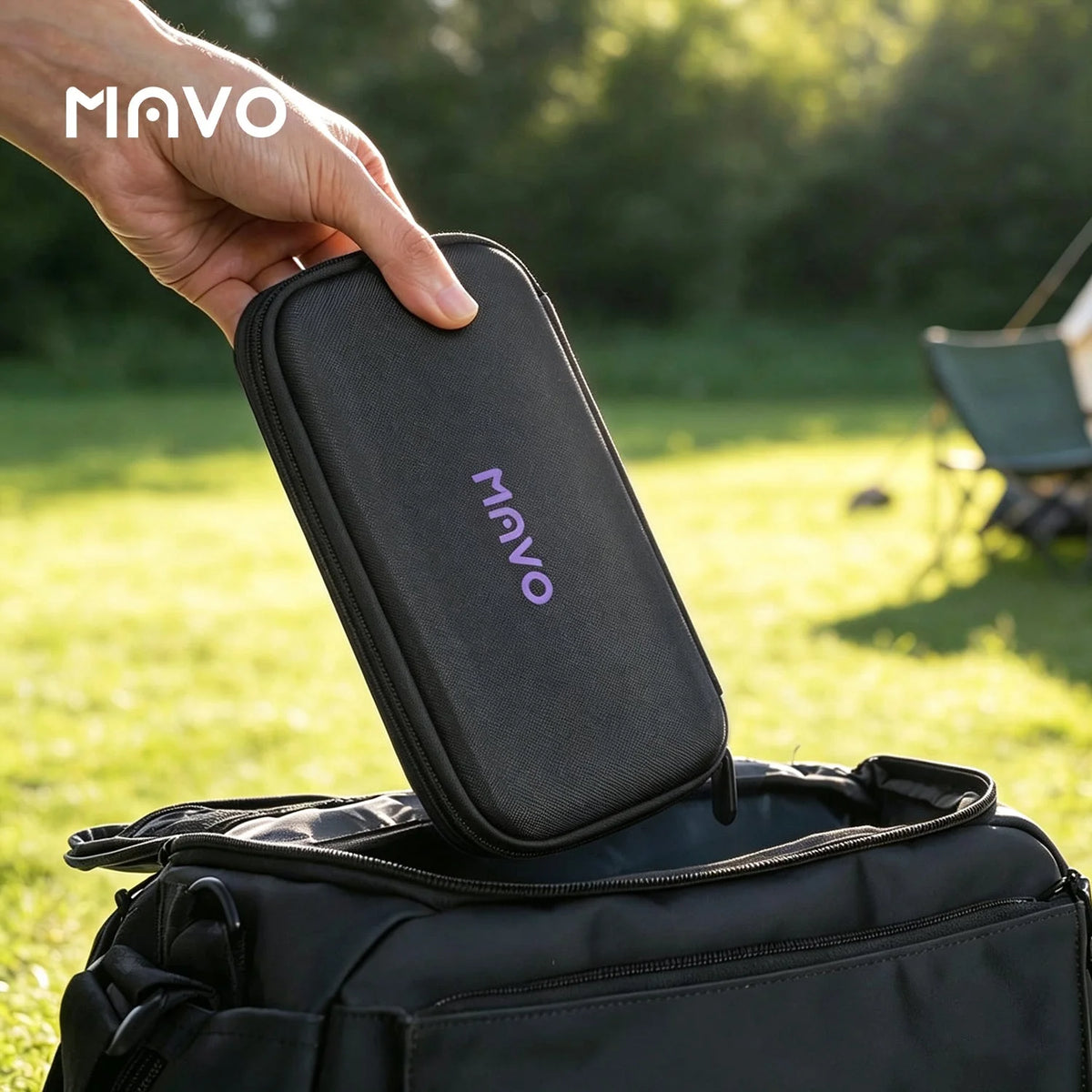 MAVO Lumicurve zip carrying case being packed into a bag outdoors for travel brewing