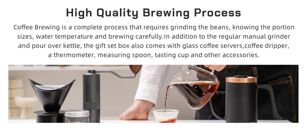 Brewing with the MAVO set: grinding beans by hand and pouring with the gooseneck kettle; the set adds a glass server, dripper, thermometer, measuring spoon and tasting cups