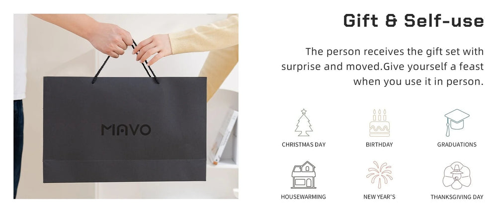 MAVO gift bag with suggested occasions: Christmas, birthday, graduation, housewarming, New Year and Thanksgiving