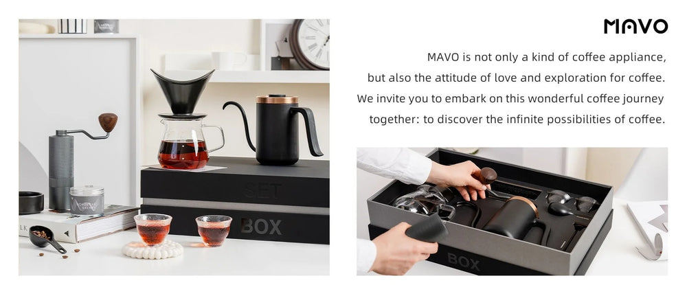 The MAVO pour over set brewing on a table and packed in its drawer-style gift box