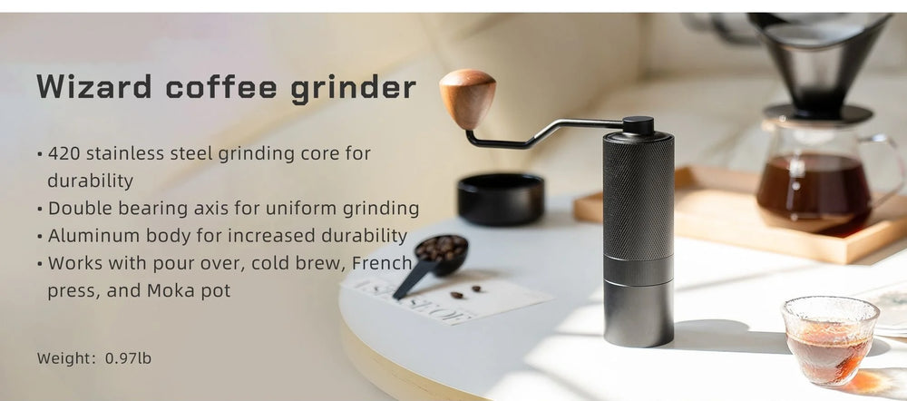 MAVO Wizard coffee grinder: 420 stainless steel burr, double-bearing axis, aluminium body, for pour over, cold brew, French press and moka pot; weight 0.97 lb