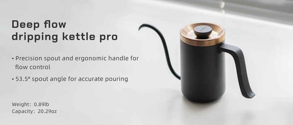 MAVO Deep Flow Pro dripping kettle: precision gooseneck spout, ergonomic handle, 53.5 degree spout angle; weight 0.89 lb, capacity 20.29 oz