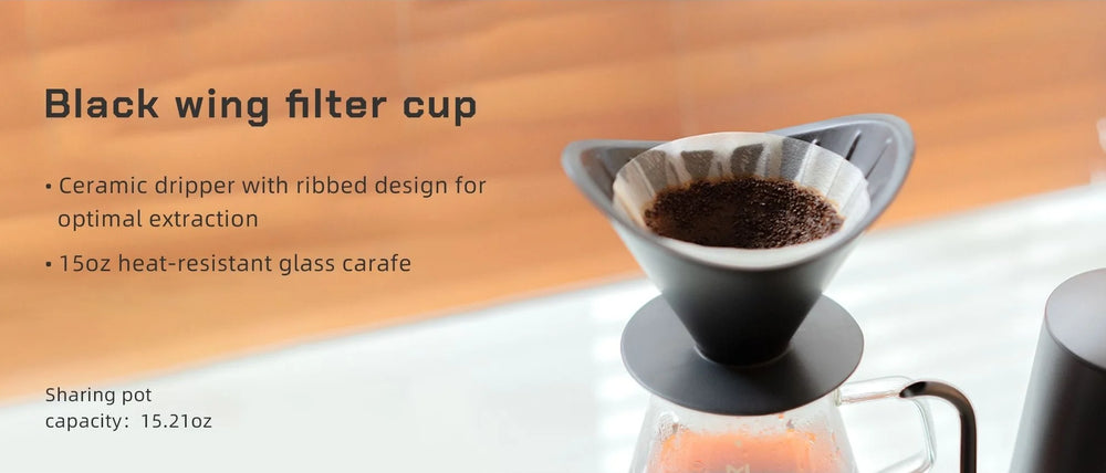 MAVO Black Wing ceramic filter cup with ribbed walls on the heat-resistant glass sharing pot, capacity 15.21 oz