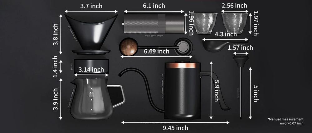 Hand-measured dimensions of each piece in inches: dripper 3.7 wide x 3.8 high, drip tray 1.4, server 3.9 high, grinder 6.1 long with 6.69 handle, cups 2.56 x 1.97, spoon 4.3, thermometer 5, kettle 5.9 high x 9.45 long