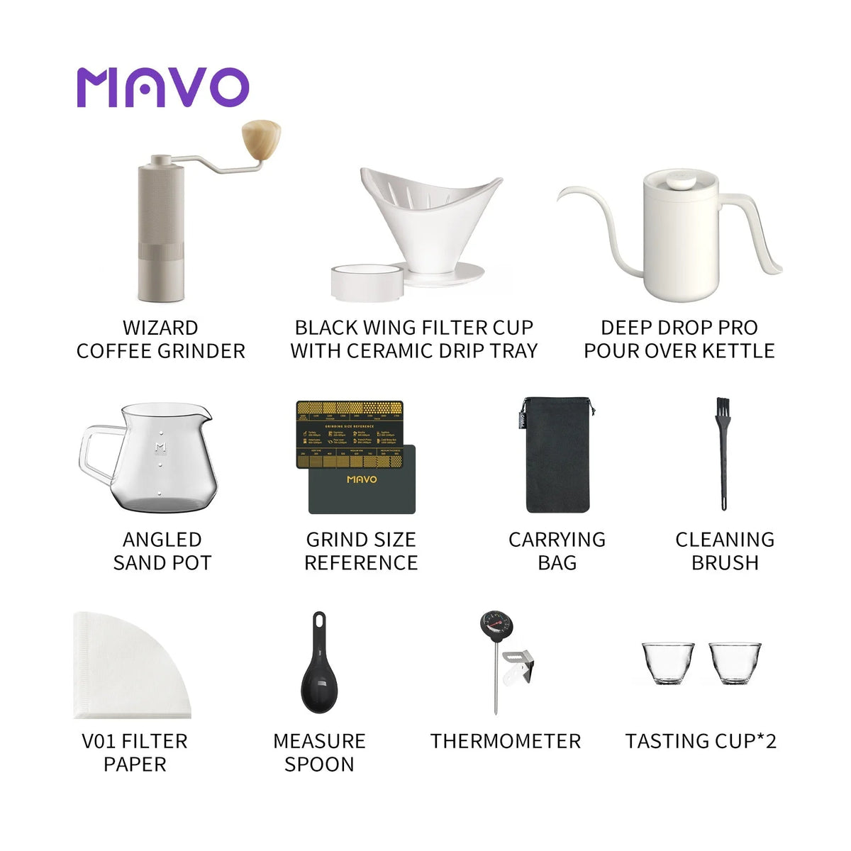 Everything in the light-coloured MAVO pour over set, labelled: Wizard grinder, winged ceramic filter cup with drip tray, Deep Flow Pro kettle, angled server, grind size card, carrying bag, cleaning brush, V01 filter paper, measuring spoon, thermometer, two tasting cups