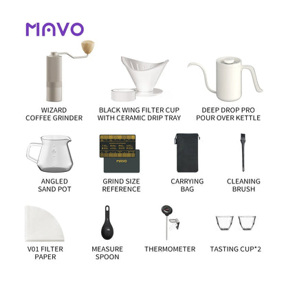 Everything in the light-coloured MAVO pour over set, labelled: Wizard grinder, winged ceramic filter cup with drip tray, Deep Flow Pro kettle, angled server, grind size card, carrying bag, cleaning brush, V01 filter paper, measuring spoon, thermometer, two tasting cups